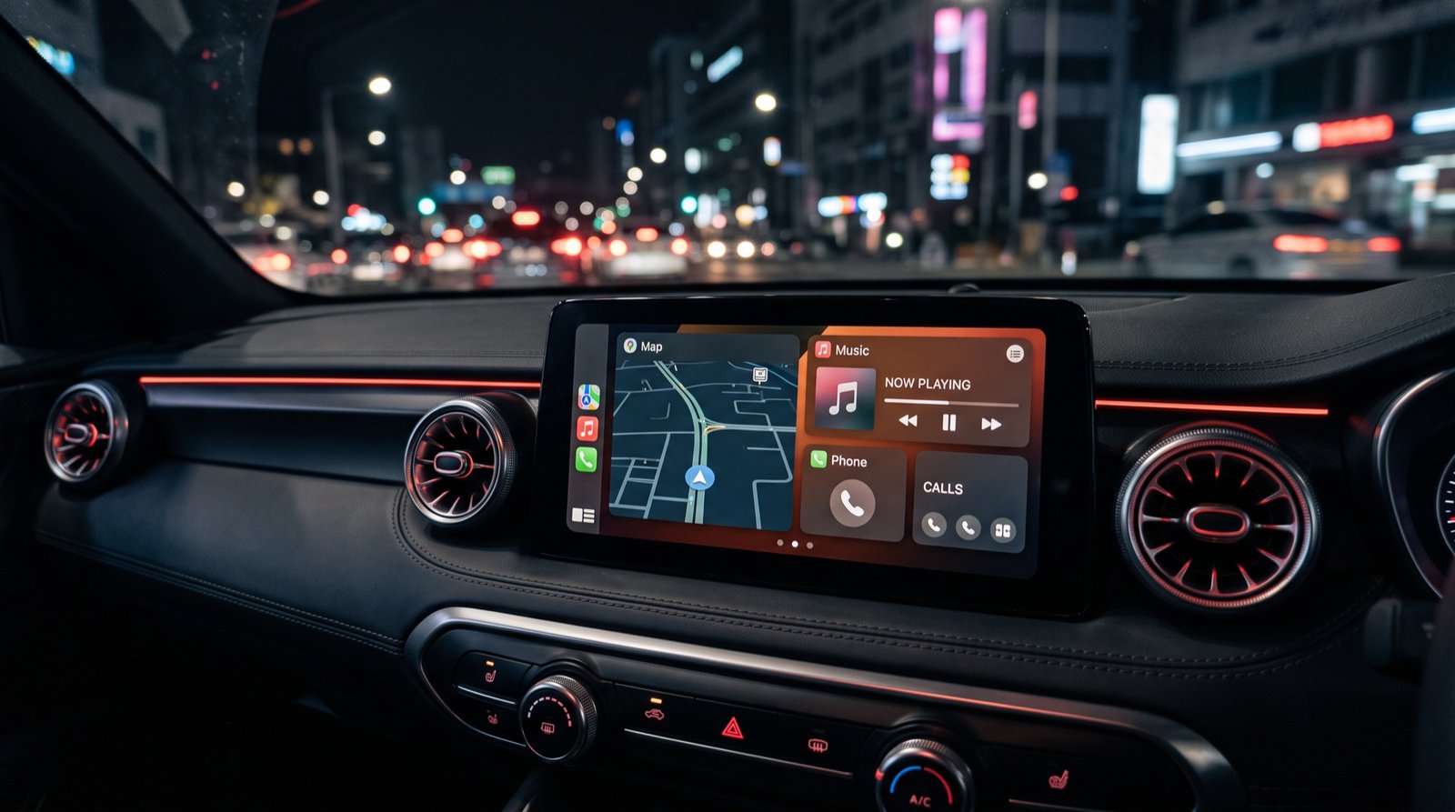 Car dashboard touchscreen showing a smartphone mirroring interface