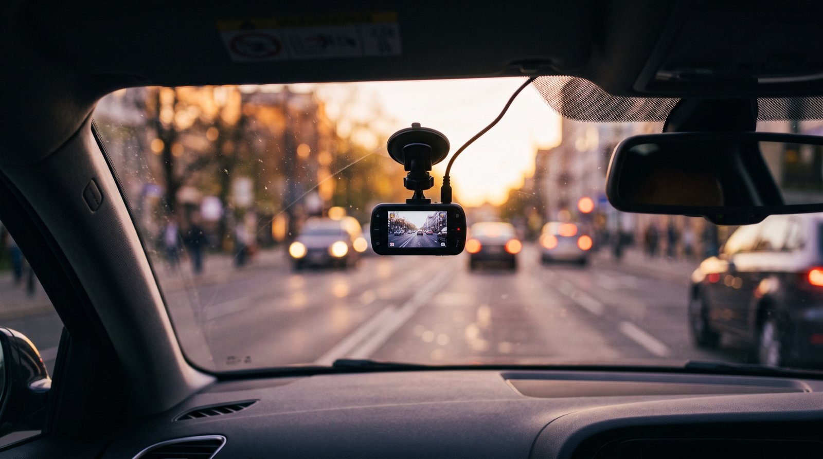 Dash camera mounted on a windscreen with a city street ahead
